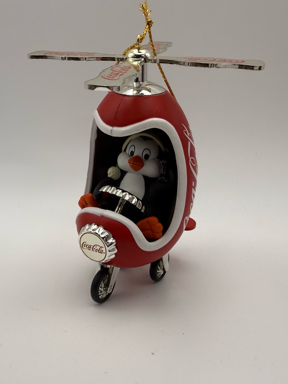 Coca Cola Red Penguin Helicopter Ornament with Silver Accents
